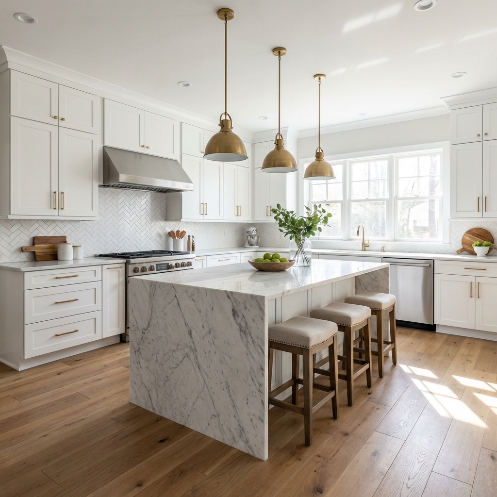 Modern kitchen renovation with white cabinets and marble countertops